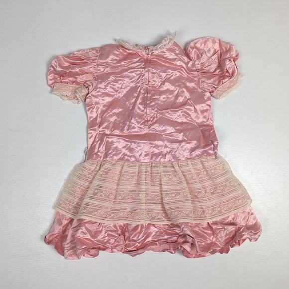 Vtg Antique Dress Girls SZ 4T Satin Pink Drop Waist Retro Handmade - Picture 4 of 4